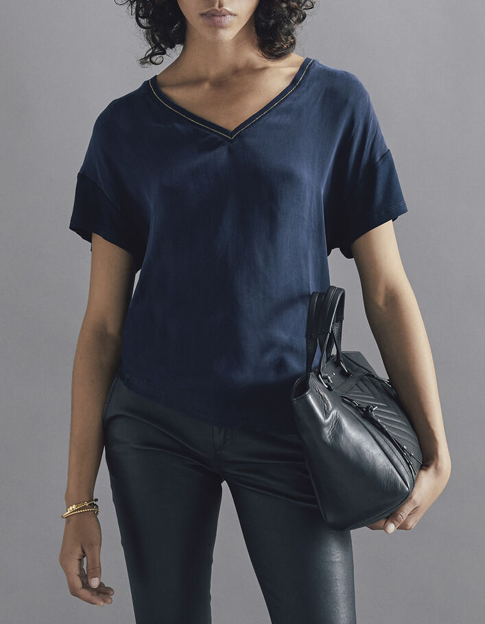 Women’s navy blue cupro and viscose top draped on the side - IKKS