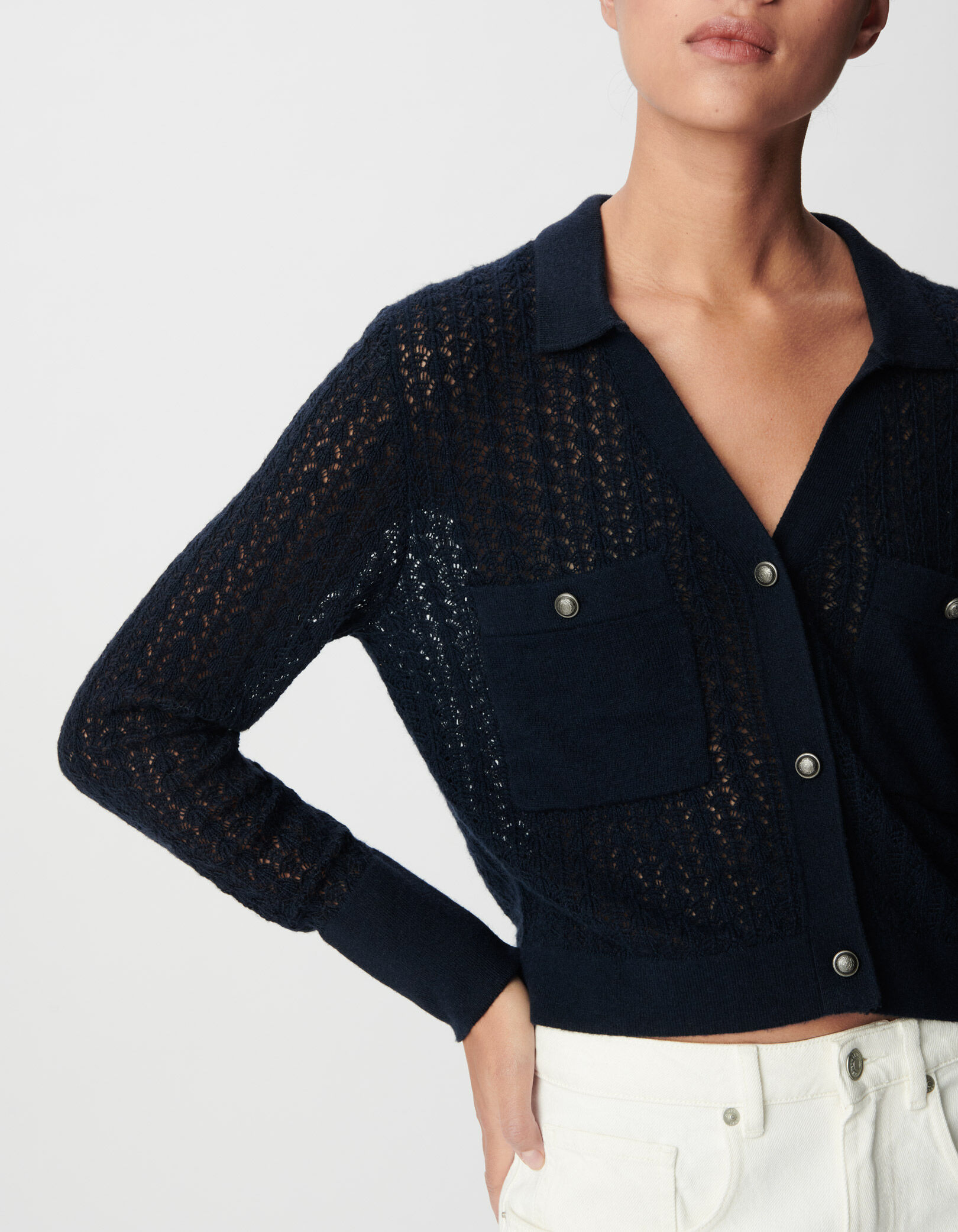 Women's navy openwork knitted short cardigan IKKS