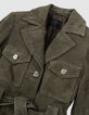 Veste saharienne kaki en cuir velours ceinturée Femme-5