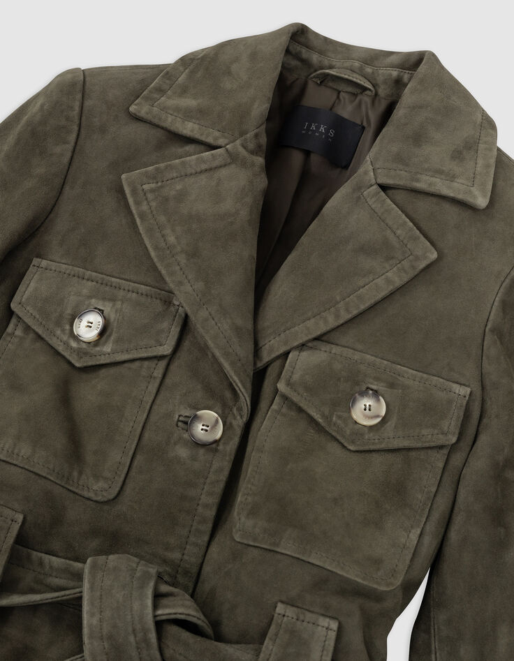 Veste saharienne kaki en cuir velours ceinturée Femme-5