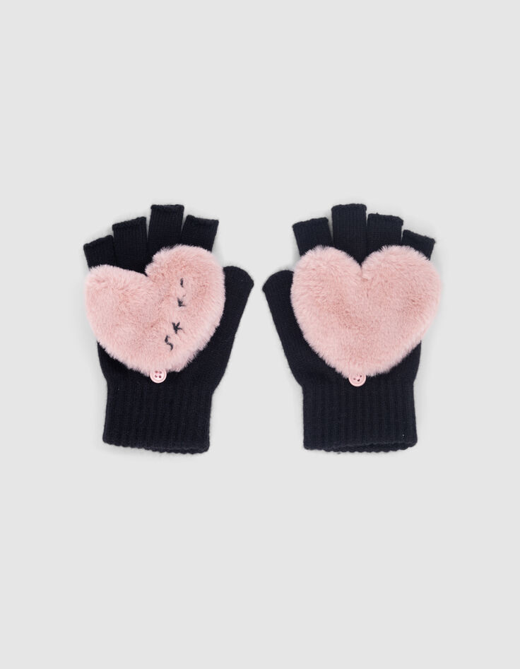 Mitaines noires tricot empi&egrave;cement coeur fille-1