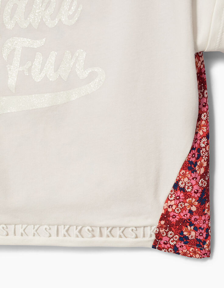 Tee-shirt cropped blanc cassé et fleuri fille-4