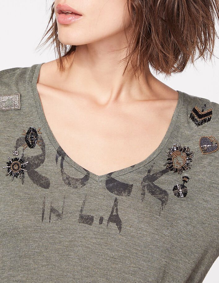 Women's khaki V-neck T-shirt, bead embroidery - IKKS