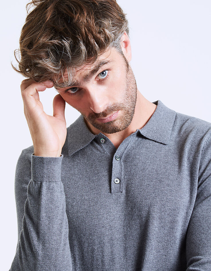 Men’s grey cotton knit polo shirt-4