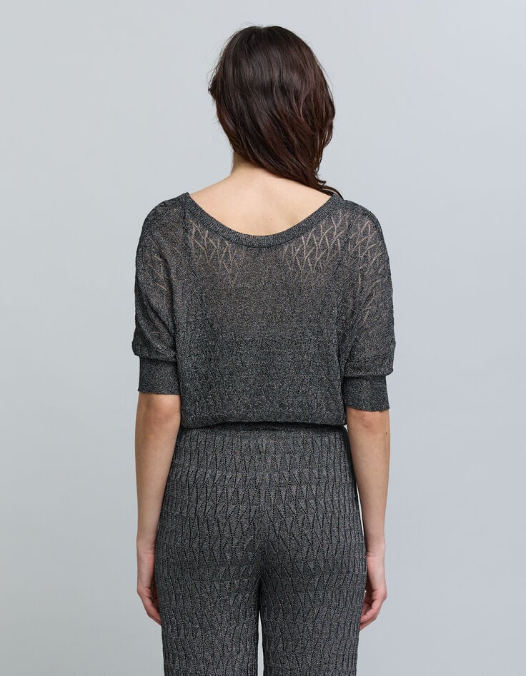 Pull gris maille fine graphique ajourée Femme-3 Pull gris maille fine graphique ajourée Femme-3