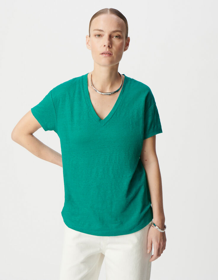 Tee-shirt col V turquoise maille de lin Femme-2