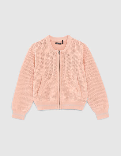 Girls’ pink openwork knit cardigan with embroidered back - IKKS
