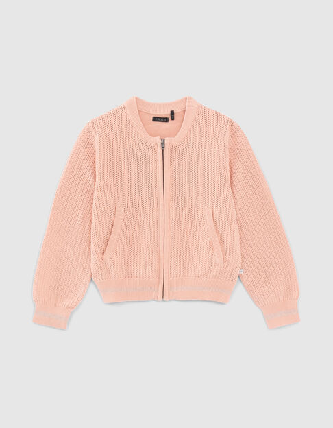 Girls’ pink openwork knit cardigan with embroidered back - IKKS