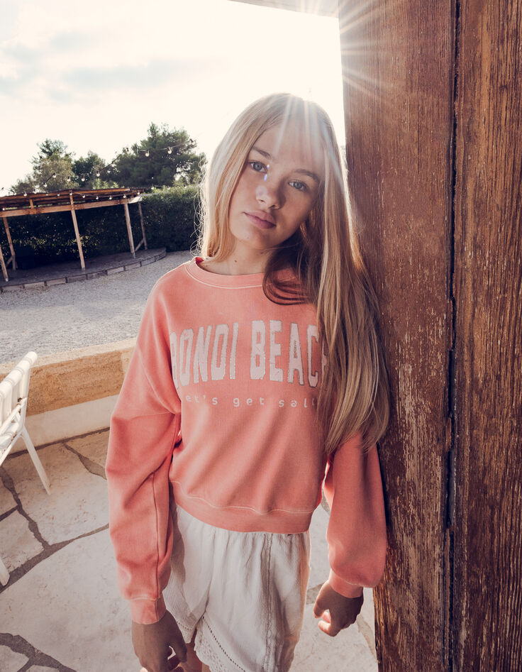Sweat orange cropped message pailleté fille-2
