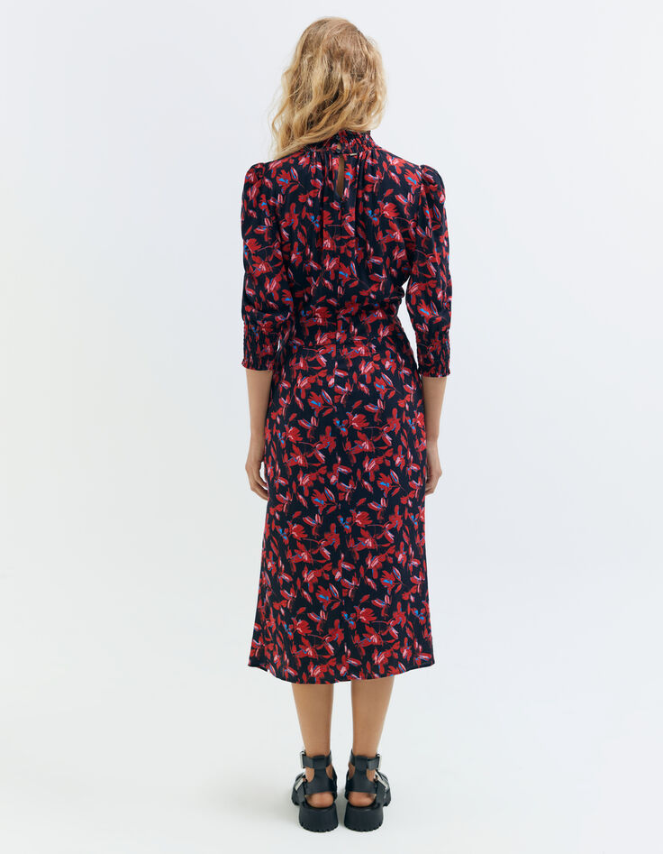 Vestido rojo floral rock cuello fruncido mujer-2