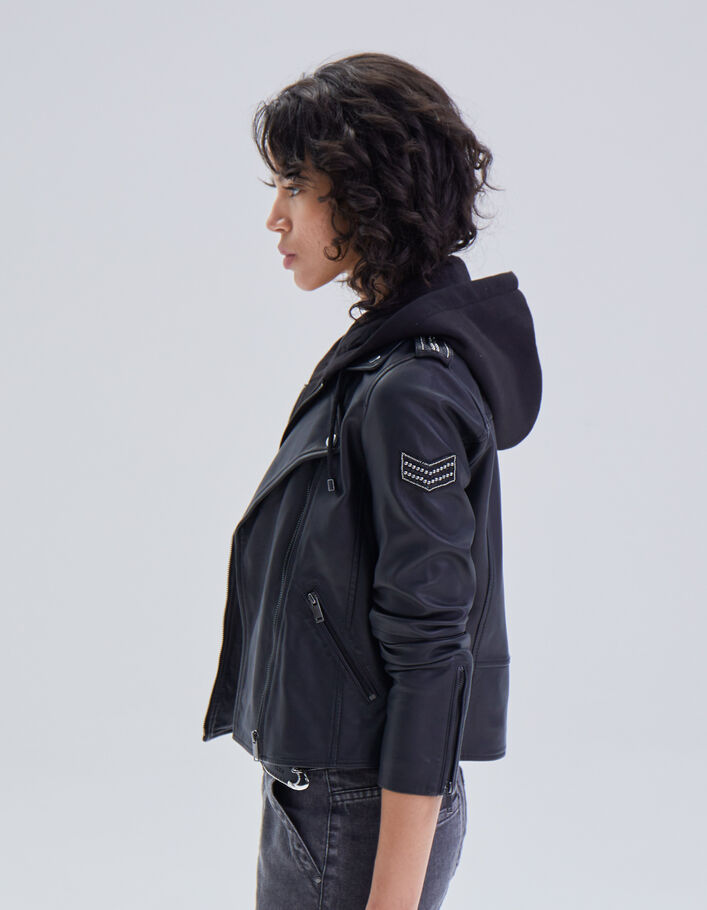Women's black lambskin jacket with removable hood-4