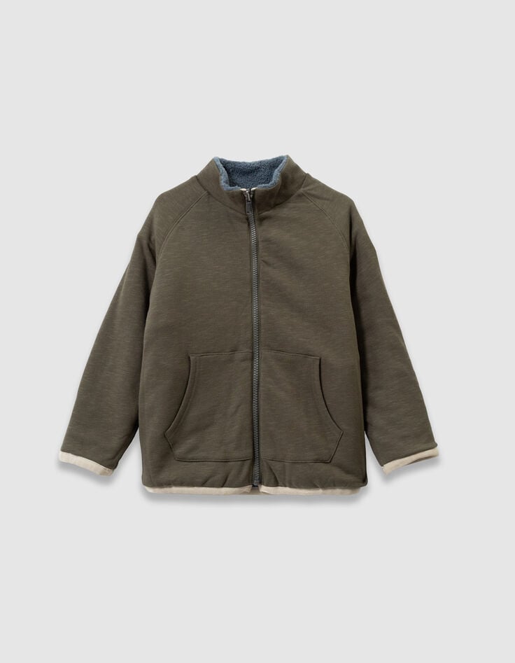Cardigan réversible sherpa bleu et molleton kaki garçon-5 Cardigan réversible sherpa bleu et molleton kaki garçon-5