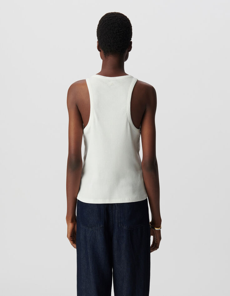 Women's white rib-knit tank top with herringbone embroidery on the back-3