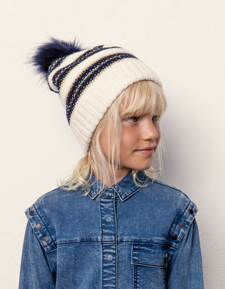 Girls’ ecru knit beanie with navy and gold stripes