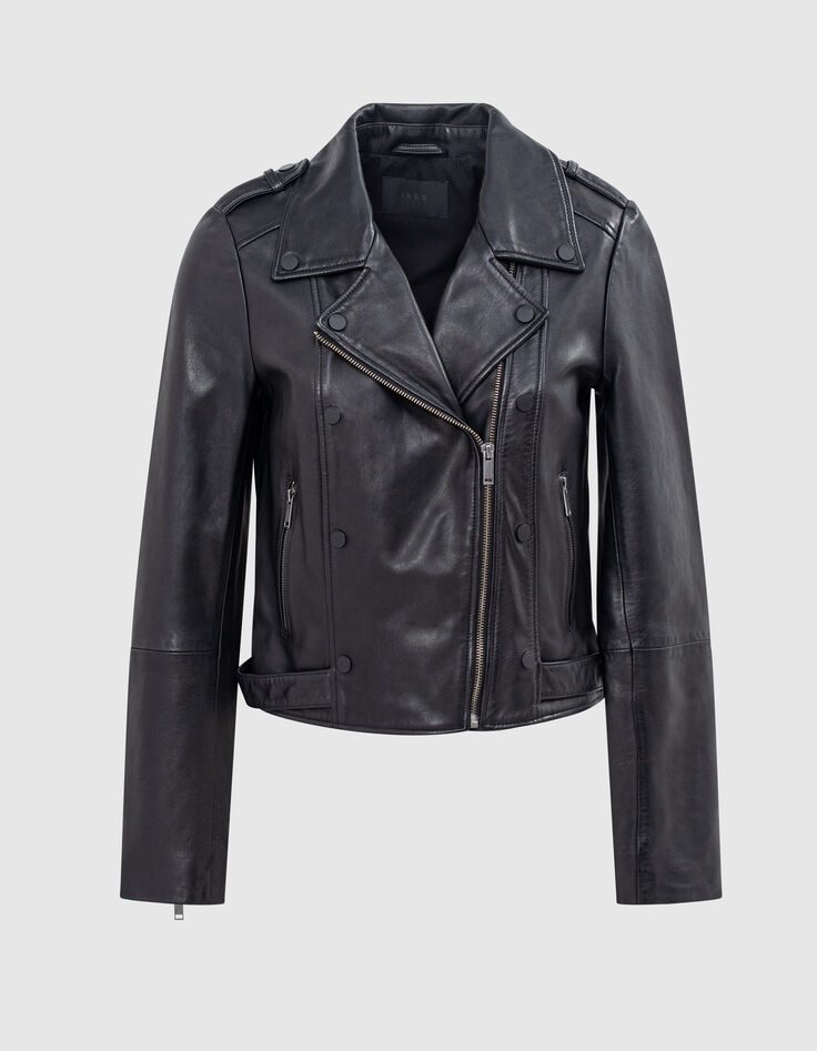 Blouson noir en cuir d'agneau et boutons femme-5