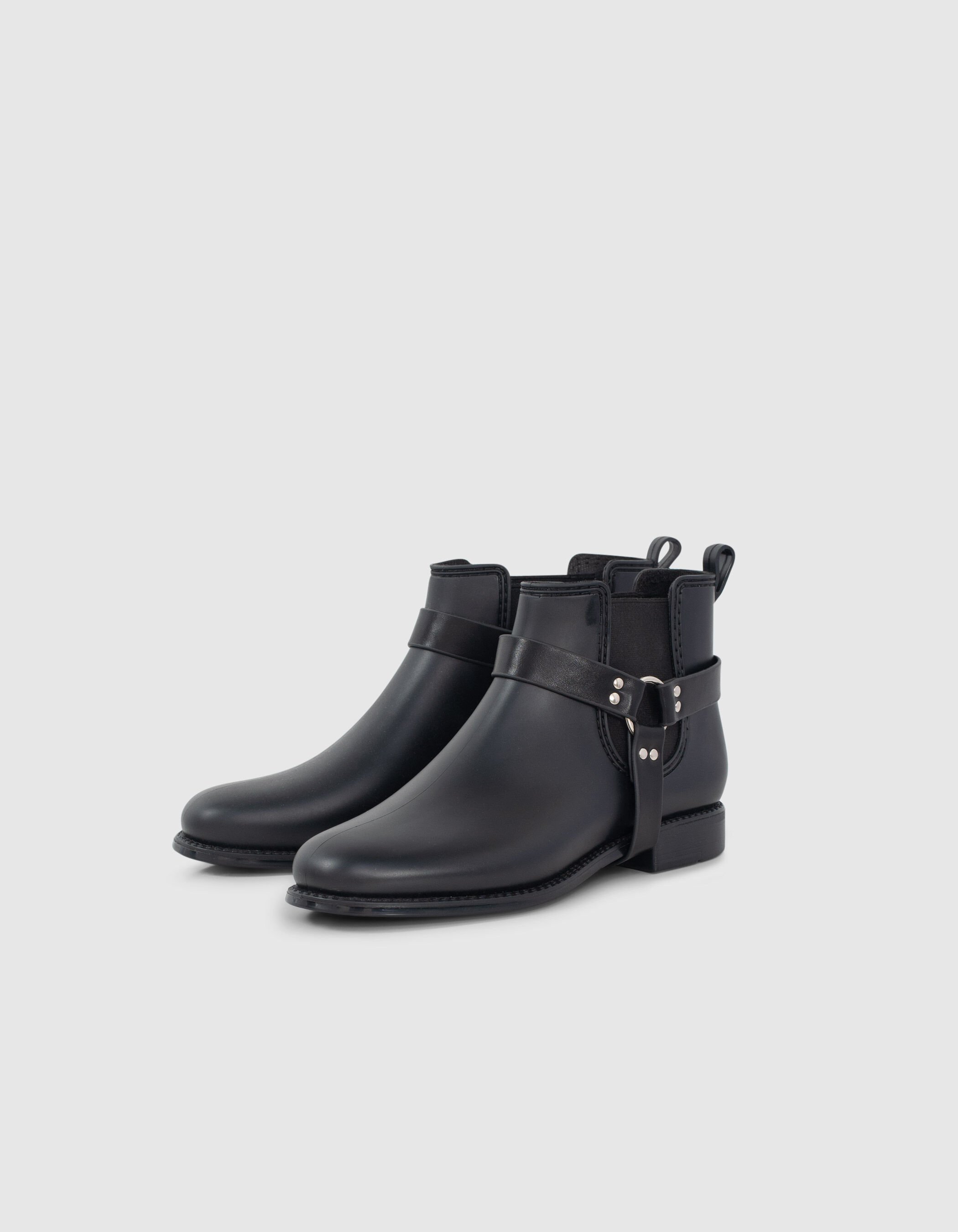 Boots chelsea en caoutchouc noir boucle biker femme