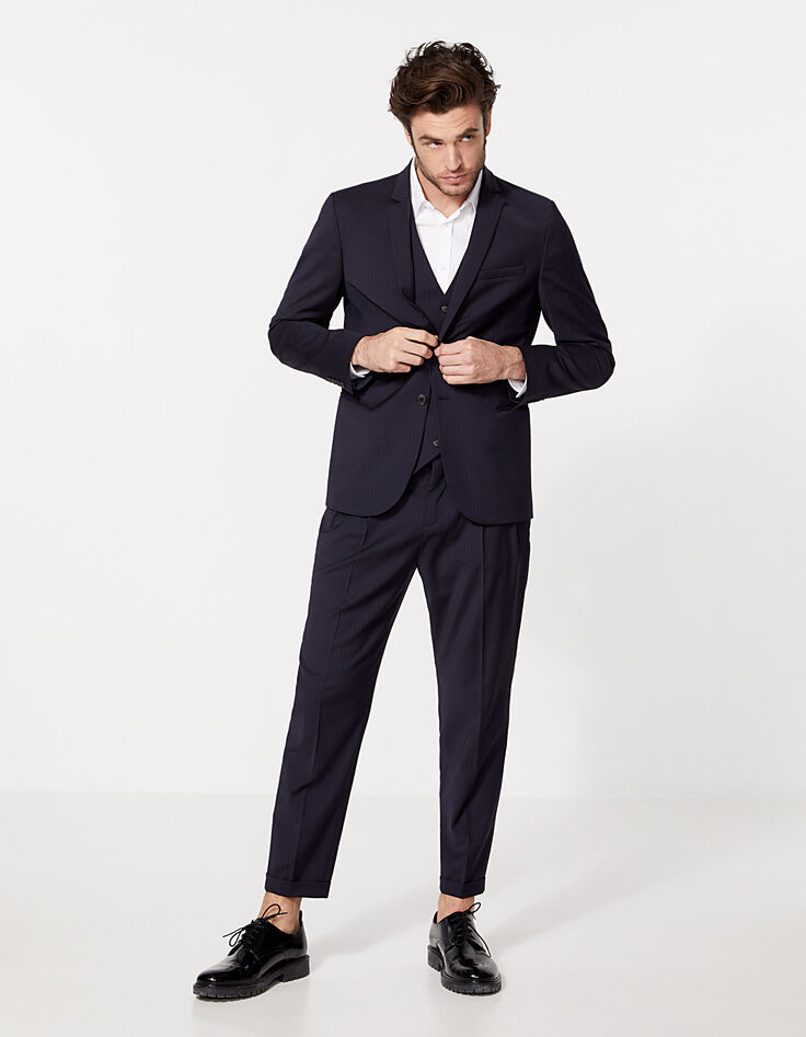 Men’s navy fine-stripe suit waistcoat-8