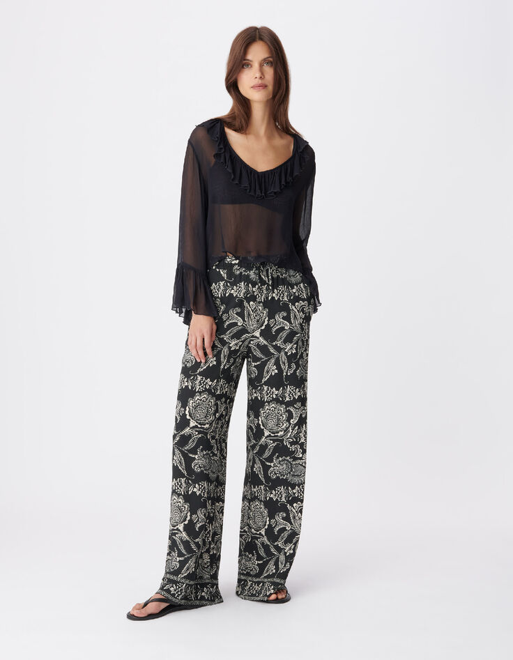 Zwarte wijde pantalon met bloemenprint voor dames-2