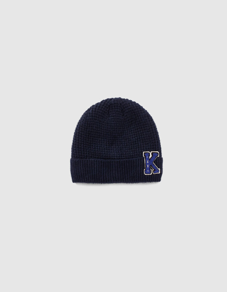 Bonnet marine tricot badge bouclette garçon-1