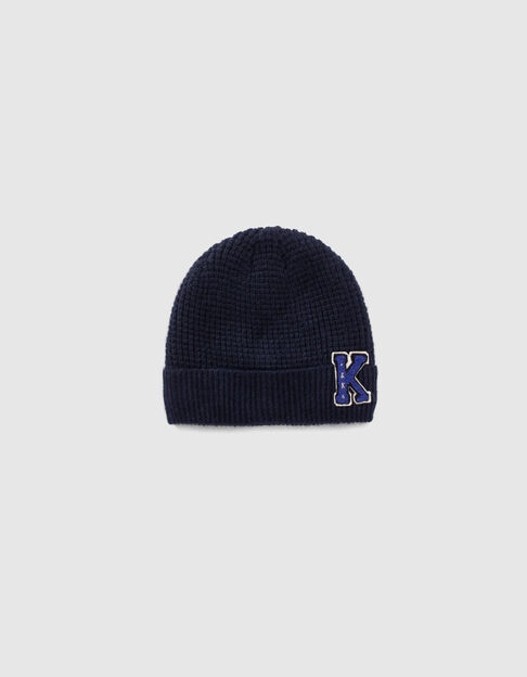 Boys’ navy knit beanie with bouclette badge