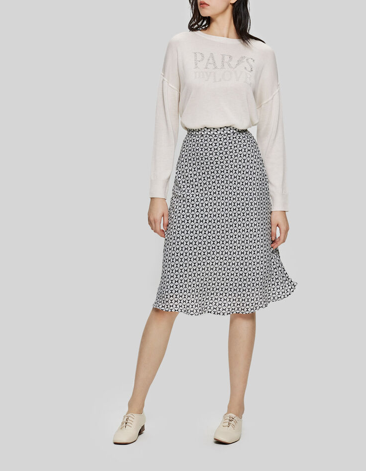 Pull blanc cass&eacute; tricot message strass Femme-8