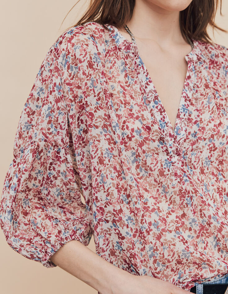 Losse blouse in sluier met bloemenprint op witte achtergrond dames-3
