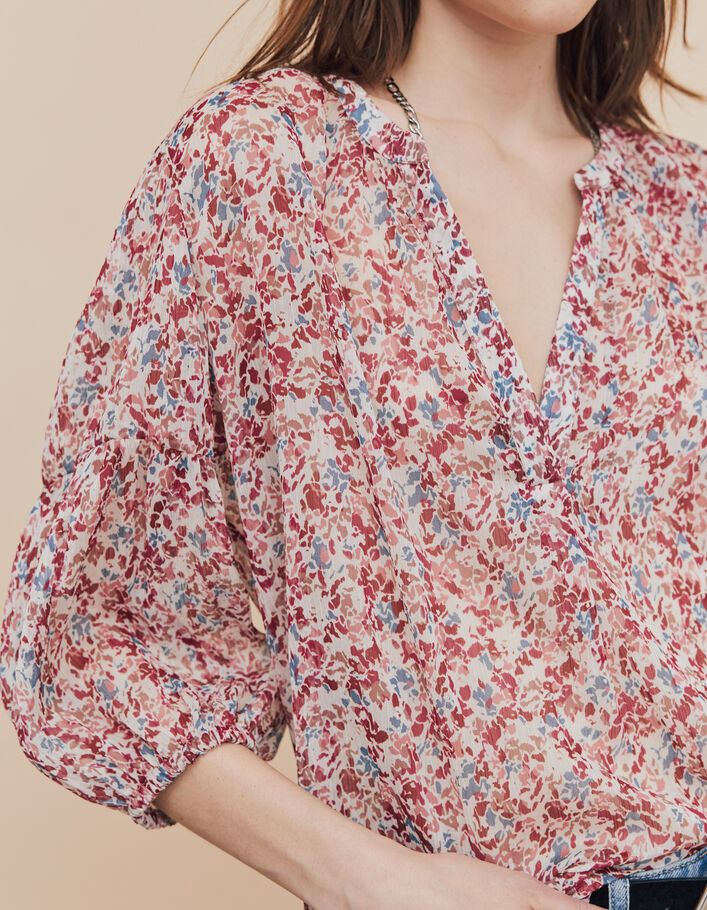 Losse blouse in sluier met bloemenprint op witte achtergrond dames - IKKS