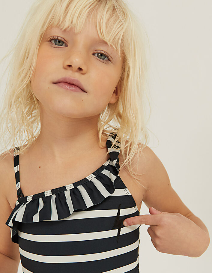 Girls’ black swimsuit with ecru stripes and badges-3