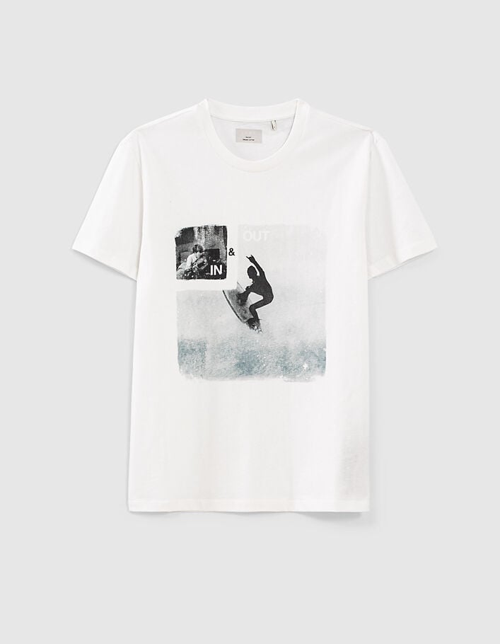 Men’s white organic T-shirt with surfer&guitarist images