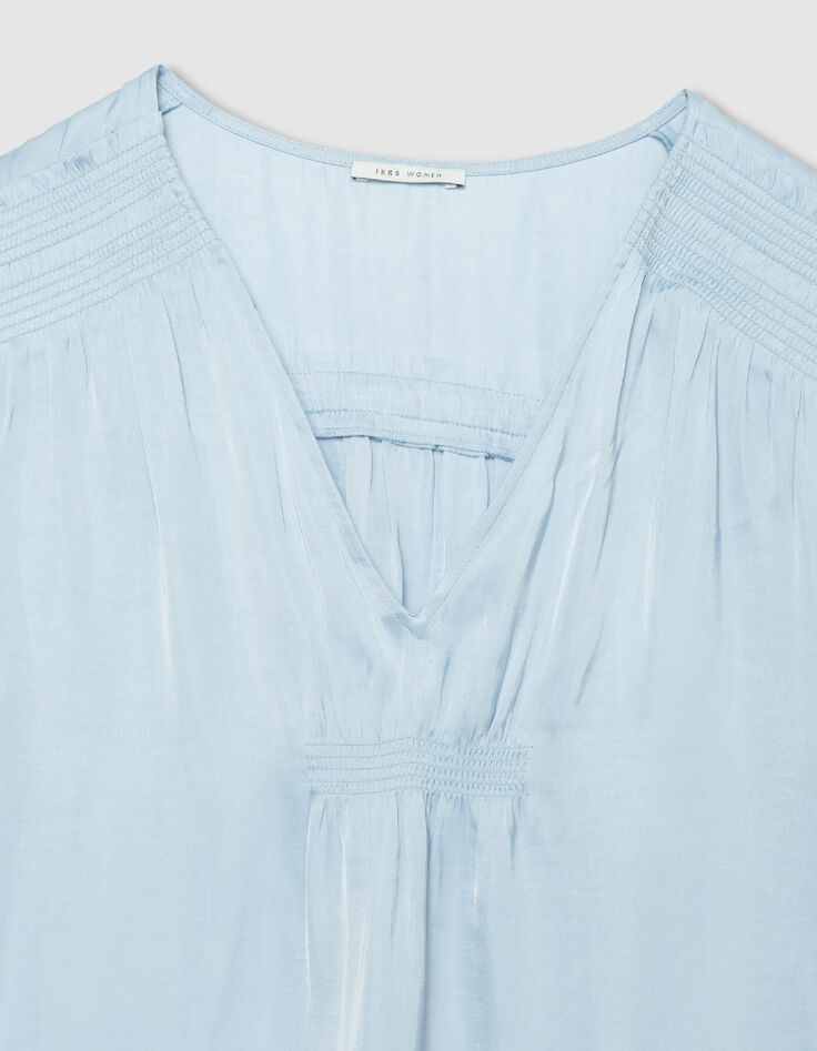Top bleu satin&eacute; d&eacute;tails smocks Femme-6