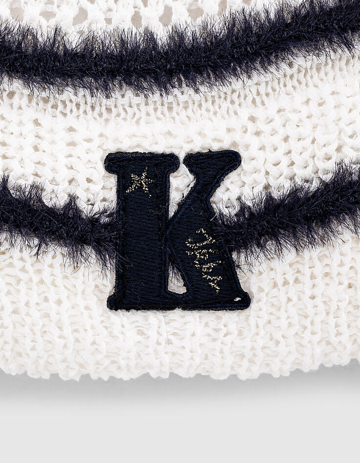 Girls’ ecru fur-lined knit beanie + navy stripes & pompom-2
