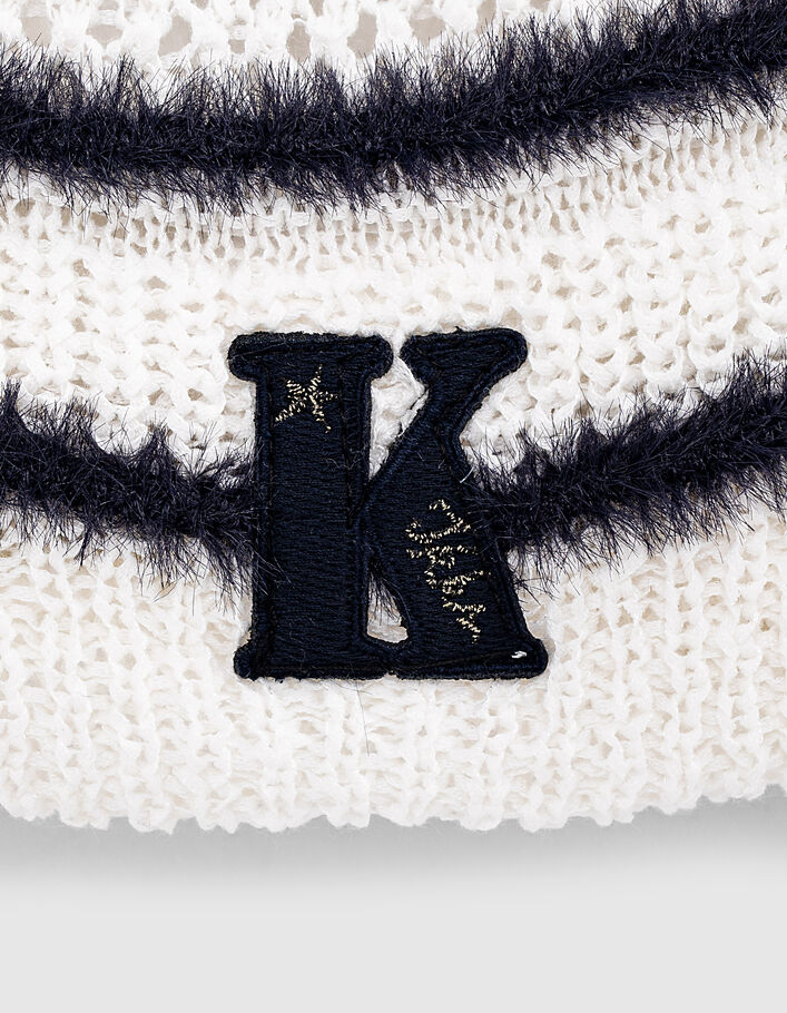 Girls’ ecru fur-lined knit beanie + navy stripes & pompom - IKKS