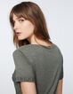 Kaki T-shirt in viscose metallic draden en tekst dames-4