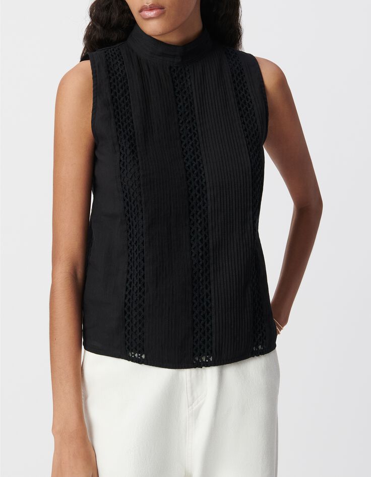 Mujer top negro sin mangas de algod&oacute;n org&aacute;nico con ribetes-3