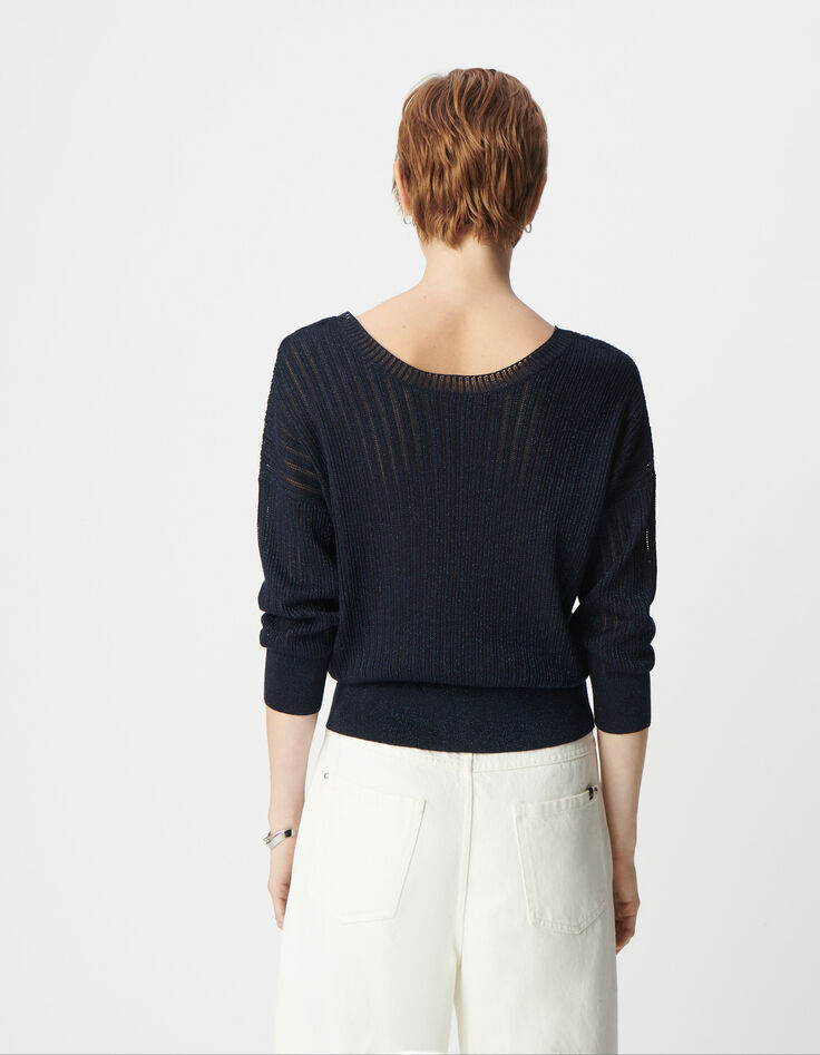 Schicker navyfarbener durchbrochener Lurex-Pullover für Damen-3