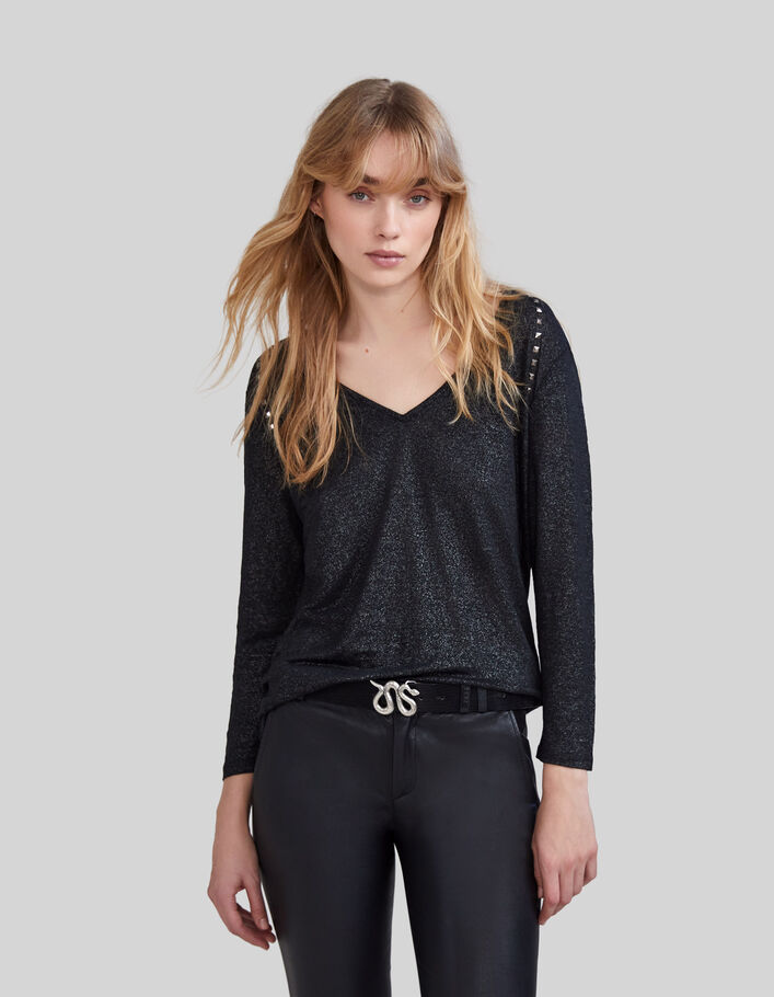 Camiseta negra de lino foil detalles remaches joya mujer-1