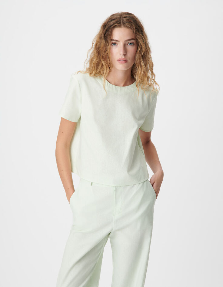 Top manches courtes vert coton lin ouverture dos Femme-2