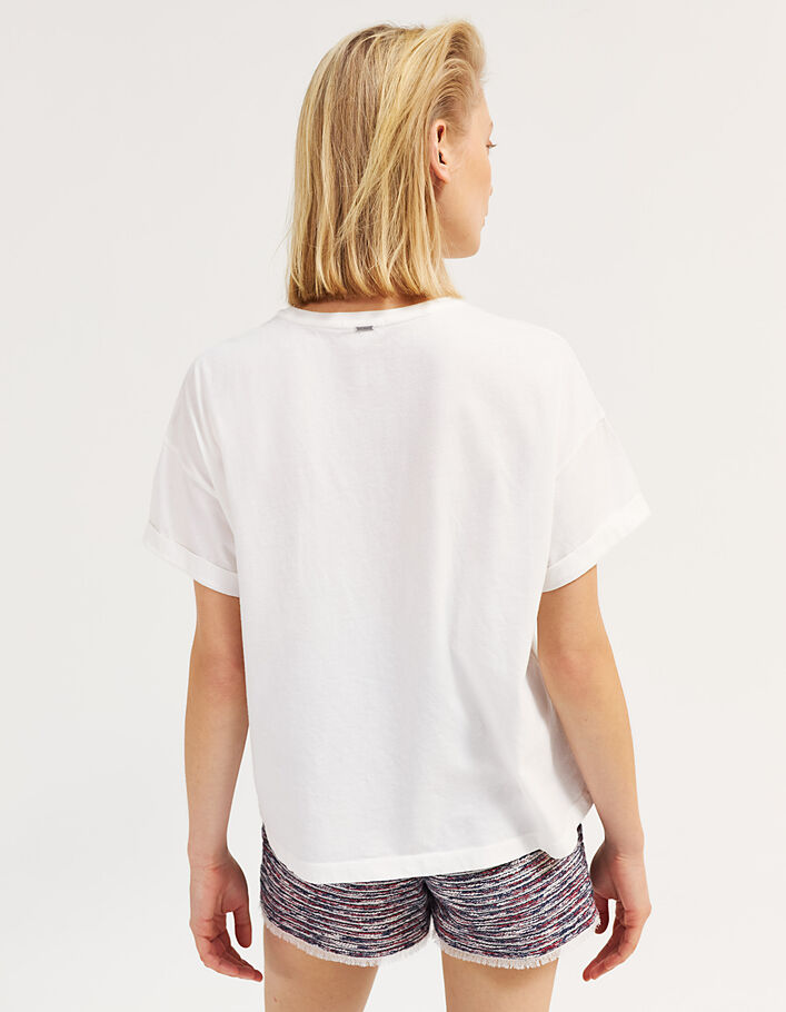 Cremeweißes Damen-T-Shirt aus Baumwolle mit Stickerei-3