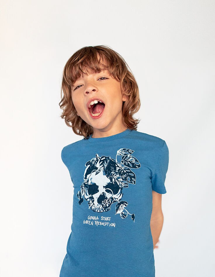 Camiseta azul medio orgánico calavera vegetal niño -5