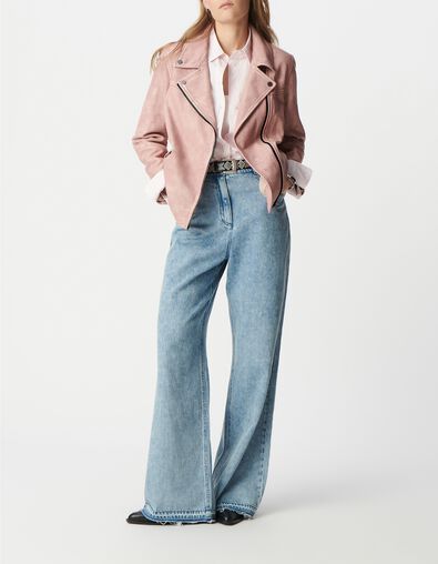 Cazadora biker de piel lavada rosa para mujer - IKKS