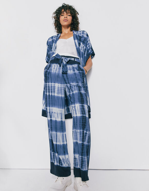 Women’s blue and white tie-dye viscose trousers