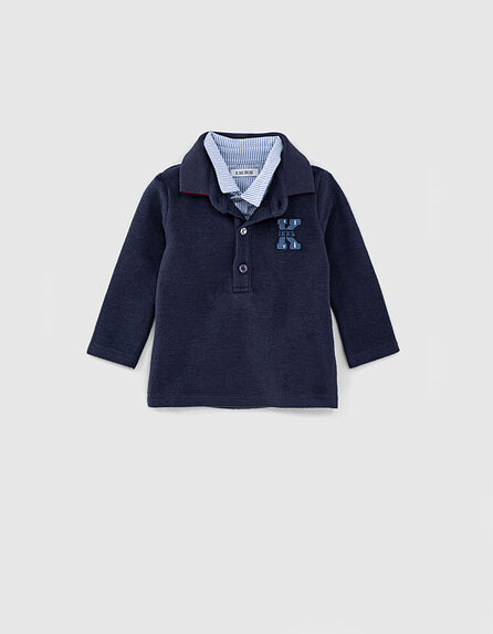 Baby boys’ navy polo shirt with striped shirt collar 