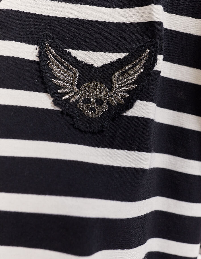 Women’s black sailor stripe T-shirt, ecru stripes & badges - IKKS