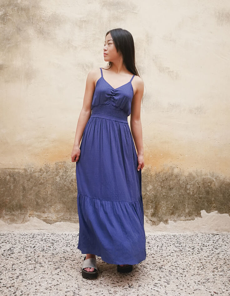 Robe longue bleue jacquard motif plumetis fille-2