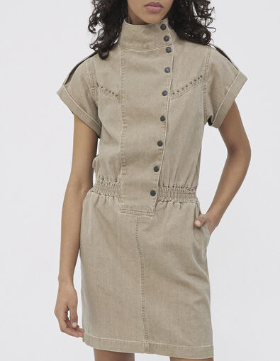 Women’s light khaki Terra Denim dress, studded high neck - IKKS