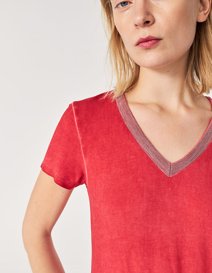 Rotes Damen-T-Shirt mit V-Ausschnitt, Zierat am Ausschnitt - IKKS