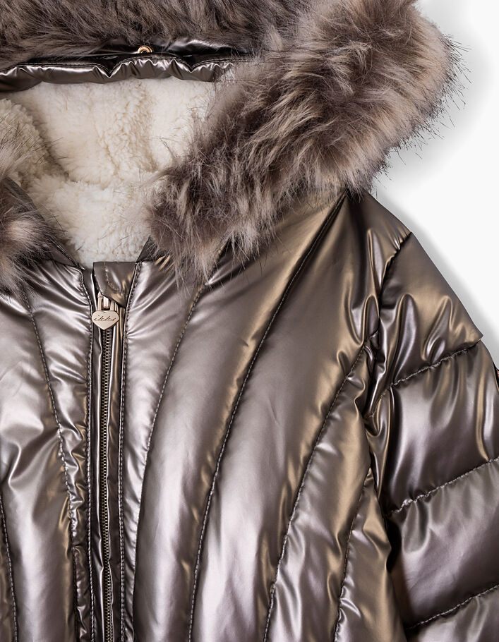 Girls’ champagne fur-lined mid-length padded jacket+gloves - IKKS
