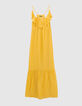 Langes gelbes Damenkleid mit schmalen Trägern und Volant-7