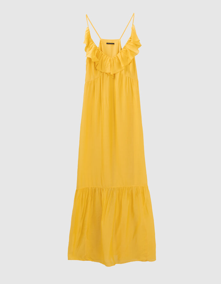 Langes gelbes Damenkleid mit schmalen Trägern und Volant-7