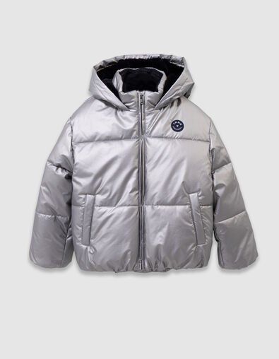 Girls’ silver padded jacket with navy fur-lined hood - IKKS